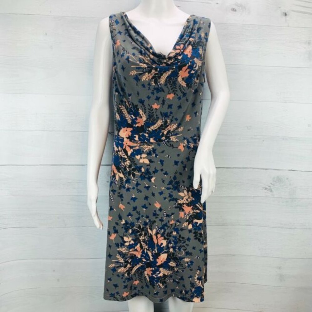 Loft Sleeveless Gray Pink Floral Tie Waist Dress